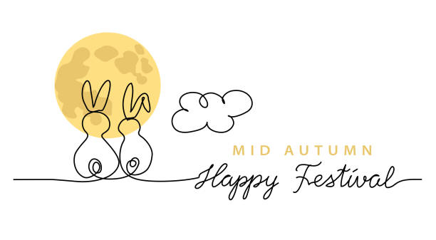 ilustrações de stock, clip art, desenhos animados e ícones de chinese mid autumn festival vector background, banner, poster with two rabbits looking at the moon. one line drawing art illustration with lettering happy festival - medial object
