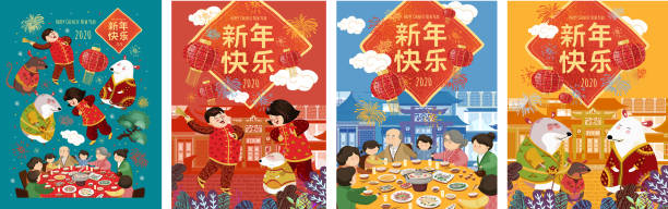 chinesisches neujahr 2020, das jahr der ratte. vektor-illustration: eine asiatische familie sitzt an einem tisch, niedliche mäuse feiern den feiertag und die leute freuen sich über das festival. übersetzung : frohes neues jahr - woman happy eat stock-grafiken, -clipart, -cartoons und -symbole