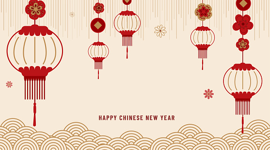 Chinese new year 2022 vector background. Greeting banner with zodiac symbol, lantern, cloud, flowers, texture effect. Pattern in simple flat line style