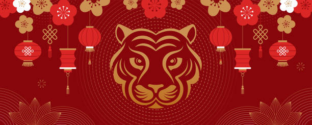 ilustraciones, imágenes clip art, dibujos animados e iconos de stock de año nuevo chino 2022 año del tigre - símbolo del zodiaco chino, concepto de año nuevo lunar, diseño de fondo moderno - chinese new year