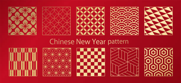 çin yeni yılı, çin, çin yeni yılı, yeni yıl, japon desen malzeme, geleneksel desen, desen, set, japon desen - çin kültürü stock illustrations