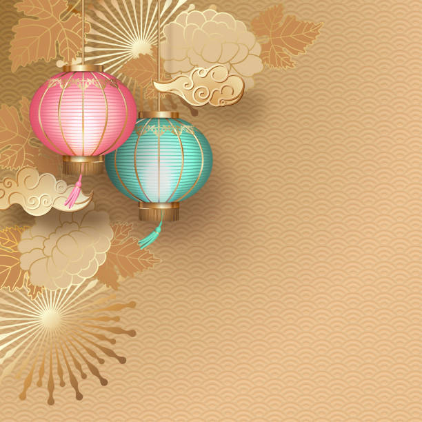 Chinese New Year design Vector Chinese New Year background. Chinese decorative lanterns, flowers and clouds on a patterned background chinese lantern festival stock illustrations
