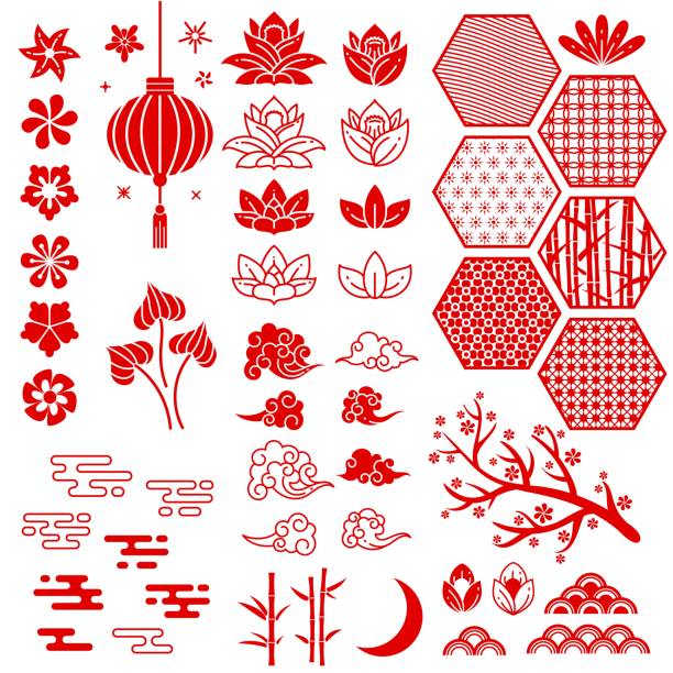 中国の旧年の要素。お祝いのオリエンタルアジアスタイル。赤い雲、花と月、竹と桜、蓮の葉ベクターコレクション - ランタン点のイラスト素材／クリップアート素材／マンガ素材／アイコン素材