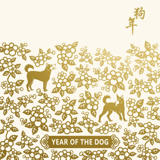 Chinese New Year Golden Dog & Flowers Celebrate the Chinese New Year in the year of the Dog 2018 with golden flowers pattern and dogs on the background, the Chinese calligraphy means Year of the Dogs chinese year of the dog stock illustrations