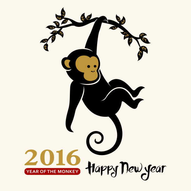 illustrations, cliparts, dessins animés et icônes de carte de voeux de nouvel an chinois - singe