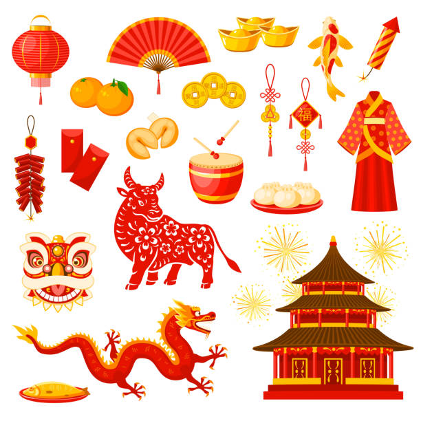Chinese New Year holiday symbols vector icons set Chinese New Year holiday celebration symbols set. Lucky and wealth amulets, fireworks, clothing and meals, Chinese zodiac calendar bull or ox animal, dragon and temple building vector icons chinese lantern festival stock illustrations