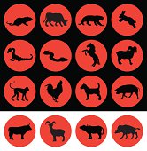 The first 12 (left to right), rat, ox, tiger, rabbit, dragon, snake, horse, sheep/ram/goat, monkey, rooster, dog and pig are the correct order for the chinese zodiac. There are variations in Japan where they replace the pig with a boar (bottom right) and in vietnam they will use a water buffalow instead of an ox (3rd from right at the bottom) and a goat is used rather than a ram or sheep although the chinese character for this can mean both goat and sheep. I've also added an alternative ox.