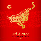 Celebrate the Year of the Tiger 2022 with the gold colored paper cut on red floral background, the Chinese stamp means Tiger and the Chinese phrase means Year of the Tiger according to Lunar calendar system
