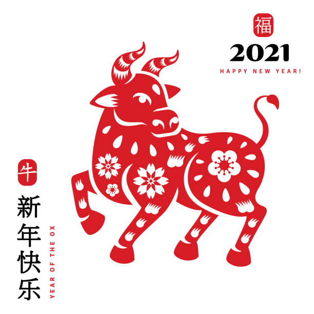 Chinese Ox walking Chinese Bull in traditional paper cut style. Vector illustration. Title translation Happy New Year, symbol in red stamp means Zodiac sign Metal Ox, hieroglyph Fu mean Good luck. chinese new year stock illustrations