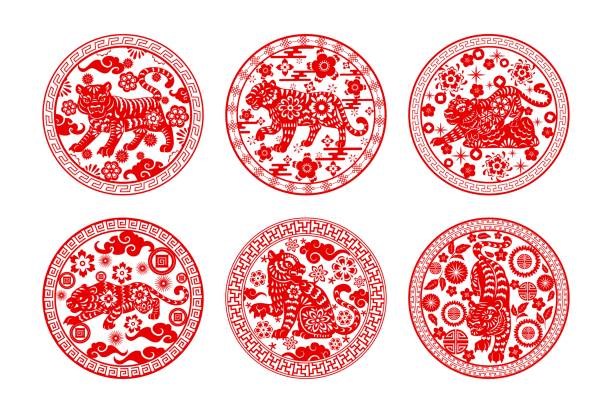 ilustraciones, imágenes clip art, dibujos animados e iconos de stock de tigres chinos cortados en papel, año nuevo lunar chino - lunar new year
