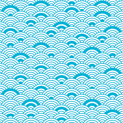 Chinese seamless pattern, vector blue waves background, sea texture. Asian print