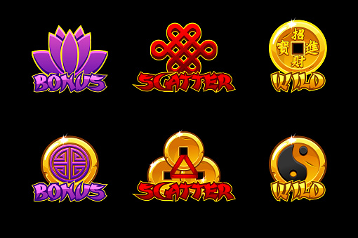 Chinese slots icons. Vector icons wild, bonus and scatter. For game, slots, game development.. Symbols on a separate layer vector