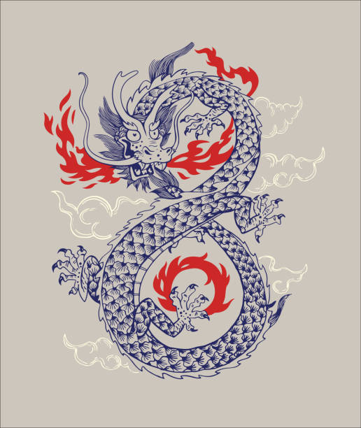 중국 전통 용 벡터 일러스트입니다. 동양 용 인피니티 모양 장식 개요 실루엣 고립. 인쇄 또는 문신에 대 한 아시아 신화 동물 그래픽 디자인 - dragon stock illustrations