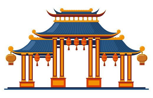 Chinese traditional entrance. Asian traditional architectural pagoda gate isolated vector illustration. Oriental entrance with hanging lanterns