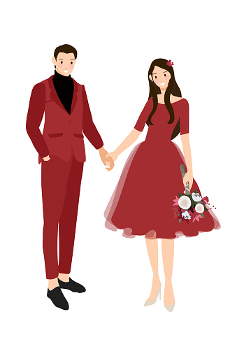 Chinese wedding couple in traditional red dress holding hands eps10 vectors illustration