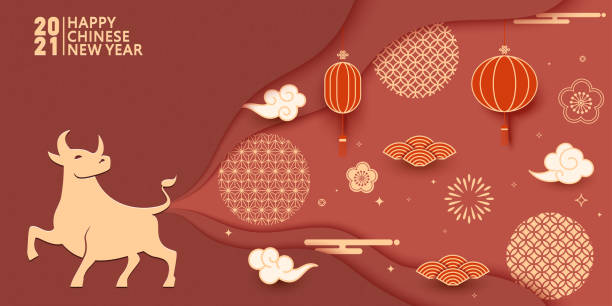 Chinese Year of the Ox vector illustration, red lanterns and traditional Chinese texture patterns Chinese Year of the Ox vector illustration, red lanterns and traditional Chinese texture patterns xu stock illustrations