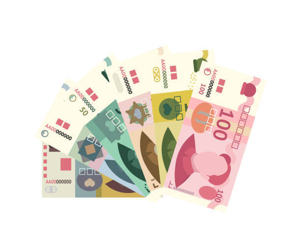 Chinese yuan banknote stack isolated on white Cartoon colorful chinese yuan paper banknote stack isolated on white backdrop. Flat asian currency different nominal value design. Bank and finance. Trading and exchange. Graphic vector illustration chinese currency stock illustrations