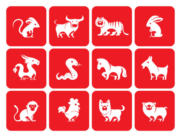Chinese Zodiac animals silhouette full set vector animals of chinese Zodiac animals silhouette year of the dog stock illustrations