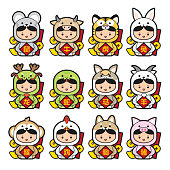 12 chinese zodiac icon set with cute kids wear zodiac costume. (Chinese Translation: rat, ox, tiger, rabbit, dragon, snake, horse, sheep, monkey, rooster, dog and pig)