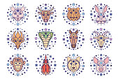 Collection of Chinese zodiac signs on white background. Line art icons.