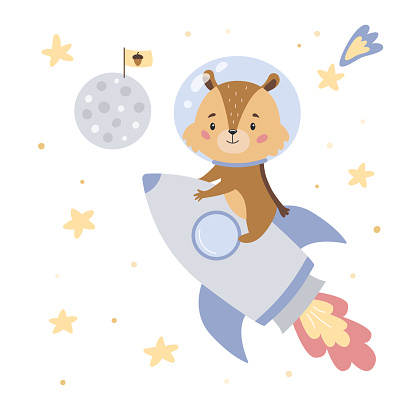 Chipmunk flies to the moon on a rocket.