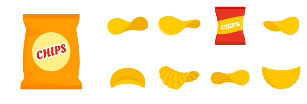 chips kartoffel-icons-set, flacher stil - chips potato stock-grafiken, -clipart, -cartoons und -symbole