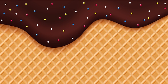 Choco glaze waffle. Sweet dripping choco liquid with colorful bonbons. Dessert vector background
