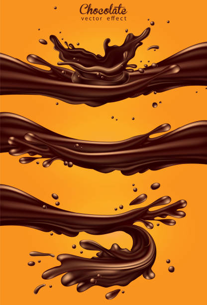 stockillustraties, clipart, cartoons en iconen met chocolade reclame. drie dynamische chocolade jets met spatten op een gele achtergrond. 3d vector. hoge gedetailleerde realistische illustratie - chocolade