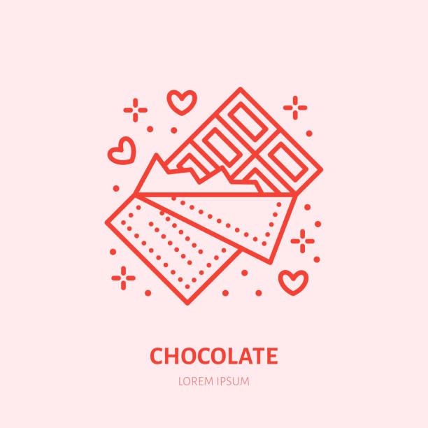 Chocolate bar illustration. Sweets flat line icon, candy shop. Valentines day present sign Chocolate bar illustration. Sweets flat line icon, candy shop. Valentines day present sign. chocolate icons stock illustrations