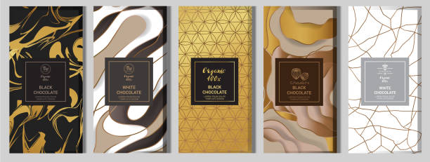 Chocolate bar packaging mock up set. elements,labels,icon,frames, for design of luxury products.Made with golden foil.Isolated on flower and brown background. vector illustration Chocolate bar packaging mock up set. elements,labels,icon,frames, for design of luxury products.Made with golden foil.Isolated on flower and brown background. vector illustration chocolate designs stock illustrations