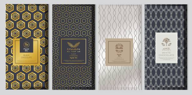 Chocolate bar packaging mock up set. Trendy luxury product branding Chocolate bar packaging mock up set. Trendy luxury product branding template with label and geometric pattern. vector chocolate designs stock illustrations