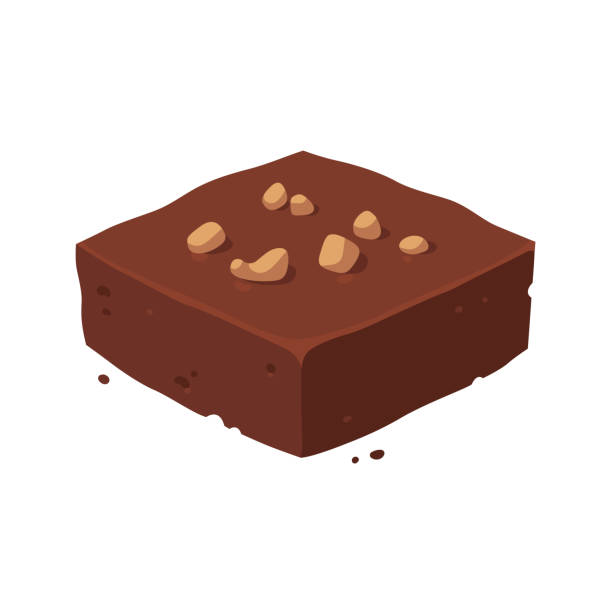 Chocolate brownie square Chocolate fudge brownie square with nuts. Isometric piece of cake, vector clip art illustration. brownie stock illustrations