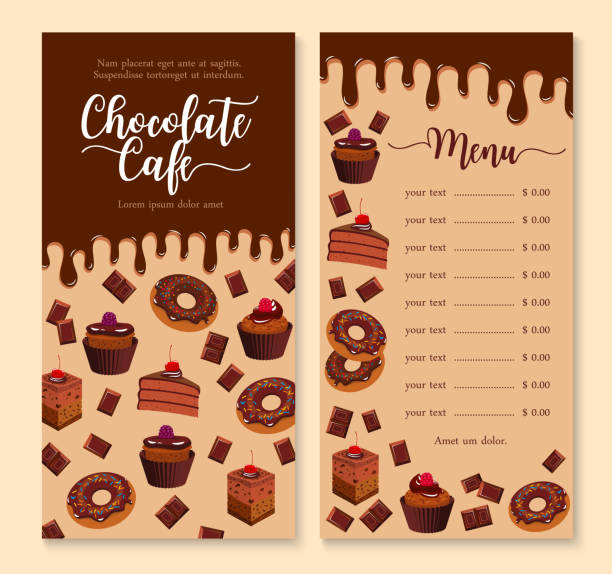 stockillustraties, clipart, cartoons en iconen met chocolade taart en dessert menu sjabloonontwerp - brownie