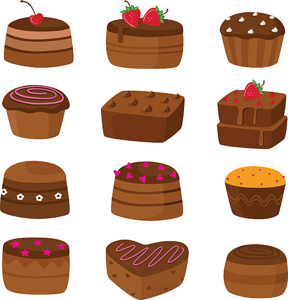 stockillustraties, clipart, cartoons en iconen met chocolate cake icons - brownie
