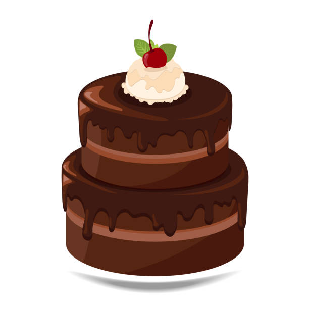Chocolate cake Stack of chocolate cake with vanilla ice cream topping and cherry, flat design of sweet and dessert chocolate cake stock illustrations