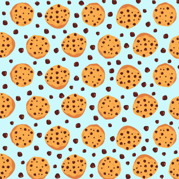 Chocolate chip cokies pattern design. Bake pattern design Baked chocolate chips pattern for textile, print, surface, fabric, web, graphic design cookie stock illustrations