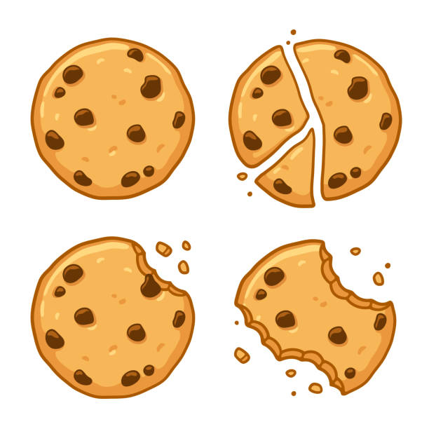 Chocolate chip cookie set Traditional chocolate chip cookies. Bitten, broken, cookie crumbs. Cartoon vector illustration set. crumble stock illustrations