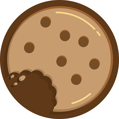 Chocolate chip cookie with bite and crumbs circular shape