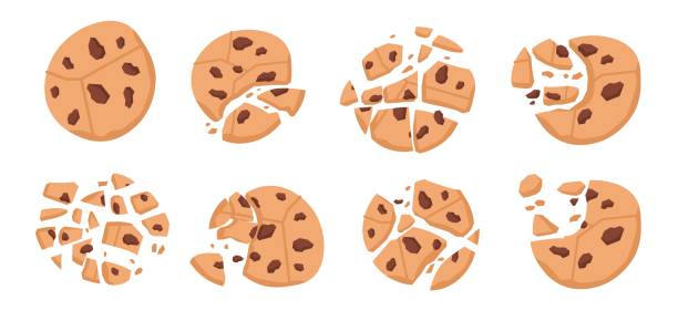 çikolatalı kurabiye. karikatür kırıntıları, yuvarlak tatlılar parçaları ile kırık tatlı fırın ısırdı. vektör tatlılar beyaz izole - crumble stock illustrations