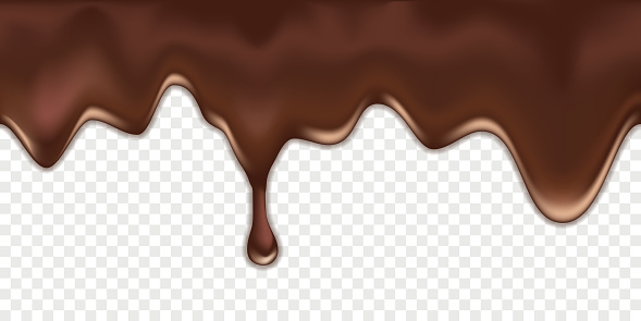 Chocolate creamy melted drip wave. Dark brown chocolate smooth liquid flowing texture on transparent background. Splash drop syrup. Vector illustration