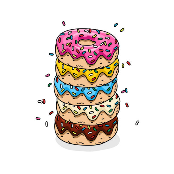 schokoladendonut, donut mit rosa glasur, donuts mit zitrone, blaue minze und weiße glasur und farbige streusel. vektor-illustration - homer simpson stock-grafiken, -clipart, -cartoons und -symbole