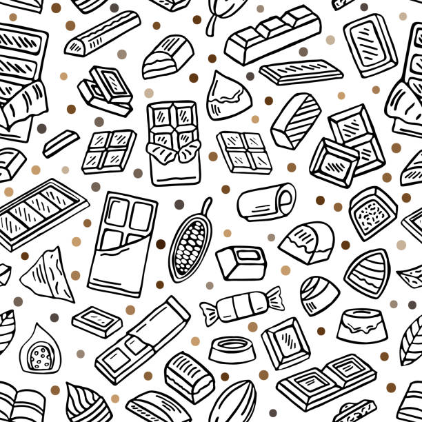 chocolate doodle seamless background hand drawing pattern of chocolate, doodle chocolate seamless patter illustration chocolate designs stock illustrations