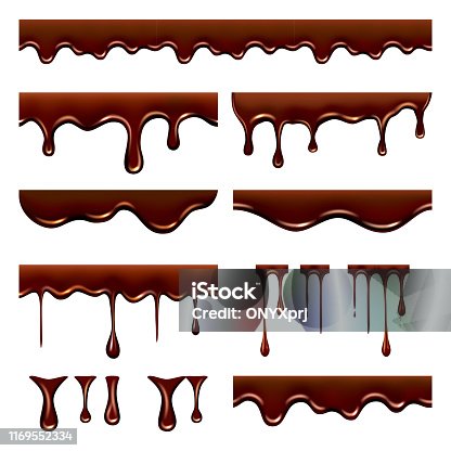 istock Chocolate dripped. Sweet flowing liquid food with splashes and drops caramel cacao vector realistic pictures 1169552334