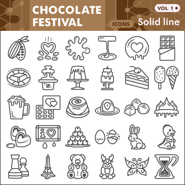 Chocolate festival line icon set, Confectionery symbols collection or sketches. Cocoa and Chocolate linear style signs for web and app. Vector graphics isolated on white background. Chocolate festival line icon set, Confectionery symbols collection or sketches. Cocoa and Chocolate linear style signs for web and app. Vector graphics isolated on white background chocolate icons stock illustrations