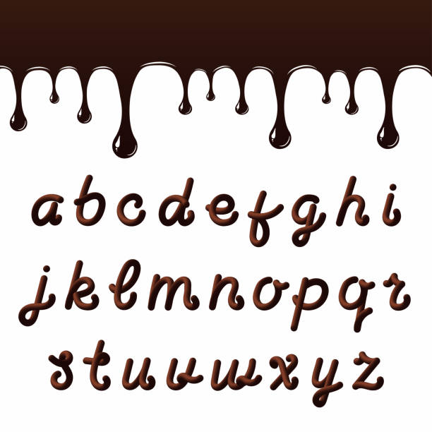 stockillustraties, clipart, cartoons en iconen met chocolade lettertype met latijnse letters. gesmolten chocolade alfabet met vloeibare letters - chocoladeletter