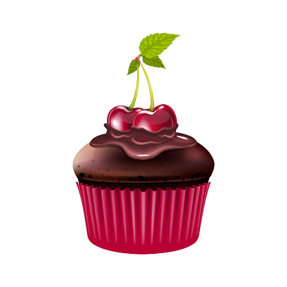 Chocolate muffin with cherry realistic vector illustration