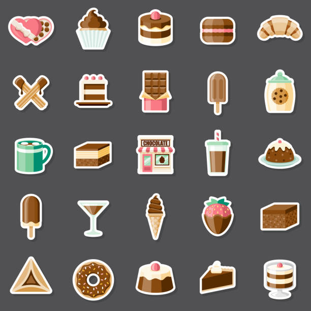 Chocolate Shop Sticker Set A set of flat design chocolate icons. File is built in the CMYK color space for optimal printing. Color swatches are global so it’s easy to edit and change the colors. smoothie clipart stock illustrations