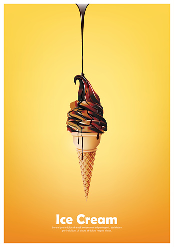 Chocolate soft ice cream cone, Pour chocolate syrup, Vector illustration