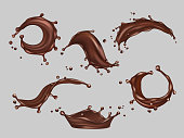 Chocolate splashes. Liquid cacao food hot drink vector realistic template. Realistic splashing wave, cocoa drink, hot chocolate swirl illustration