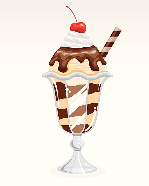 Chocolate Sundae "A classic chocolate sundae with whipped cream, vanilla ice cream, chocolate sauce and topped with a cherry. File contains only one gradient, the background shape, which is on its own layer. The rest of the shapes do not use gradients." ice cream sundae stock illustrations